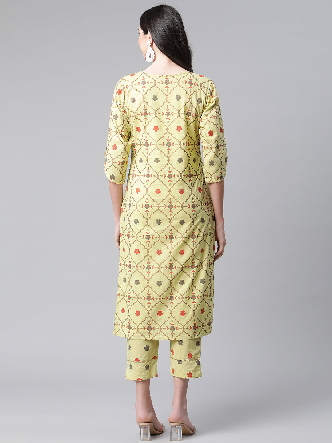 Indibelle Cotton Pista Green Gold Floral Print Straight Kurta