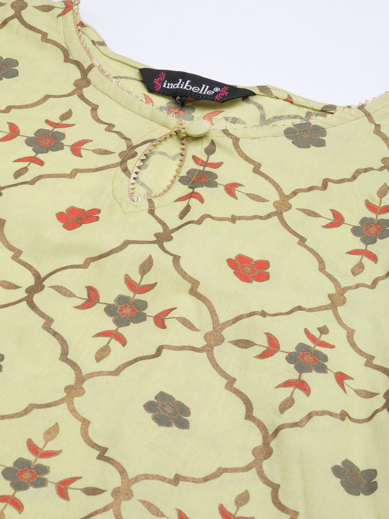 Indibelle Cotton Gold Foil Floral Print Straight Kurta set (Green)