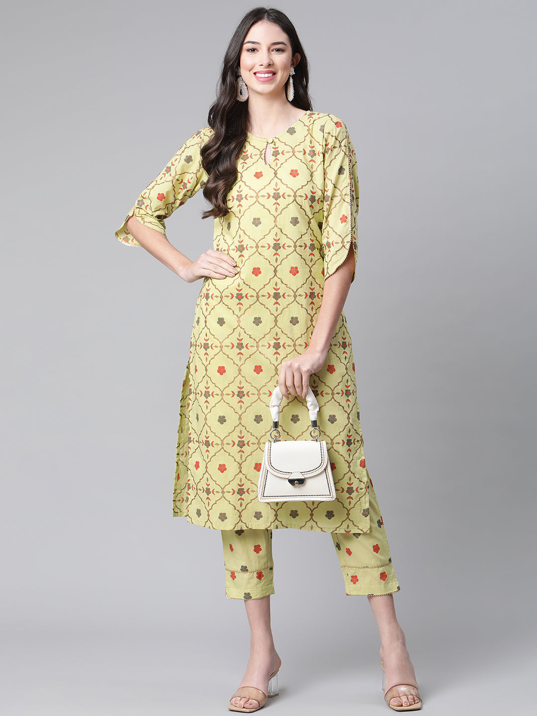 Indibelle Cotton Pista Green Gold Floral Print Straight Kurta