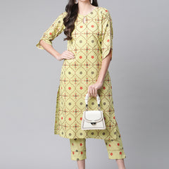 Indibelle Cotton Gold Foil Floral Print Straight Kurta set (Green)