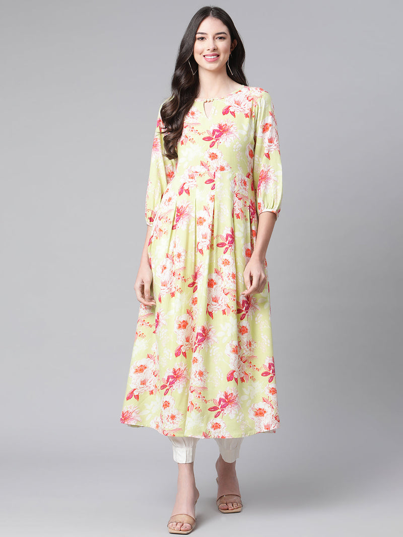Indibelle Rayon Pista Green Floral Print A-Line Dress
