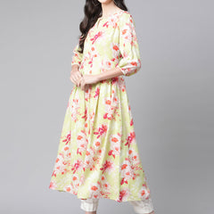 Indibelle Rayon Pista Green Floral Print A-Line Dress