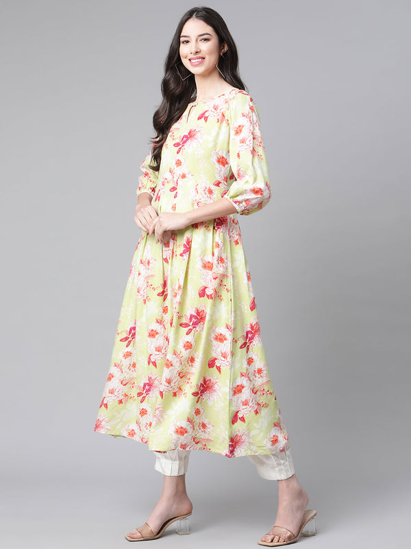 Indibelle Rayon Pista Green Floral Print A-Line Dress