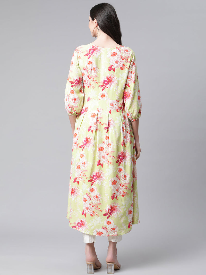 Indibelle Rayon Pista Green Floral Print A-Line Dress