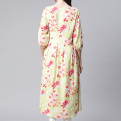 Indibelle Rayon Pista Green Floral Print A-Line Dress