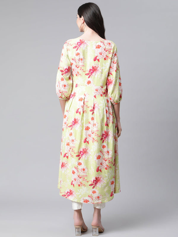 Indibelle Rayon Pista Green Floral Print A-Line Dress
