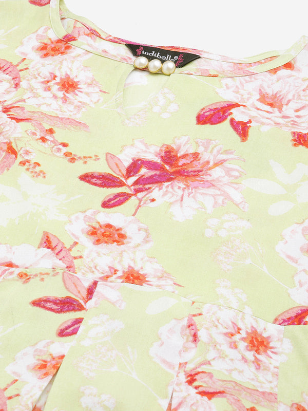 Indibelle Rayon Pista Green Floral Print A-Line Dress