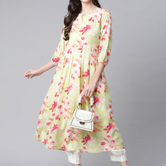Indibelle Rayon Pista Green Floral Print A-Line Dress