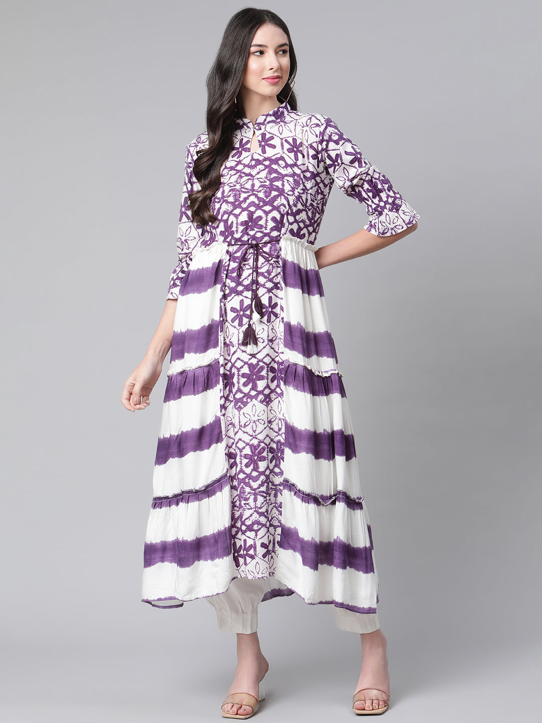 Indibelle Rayon Purple Floral Print A-Line Kurta