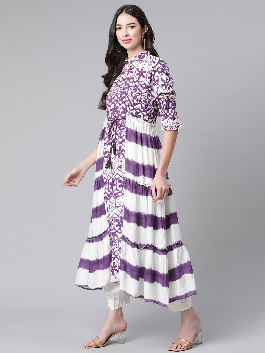 Indibelle Rayon Purple Floral Print A-Line Kurta