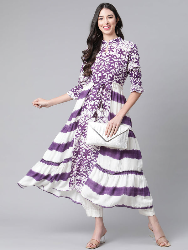 Indibelle Rayon Purple Floral Print A-Line Kurta