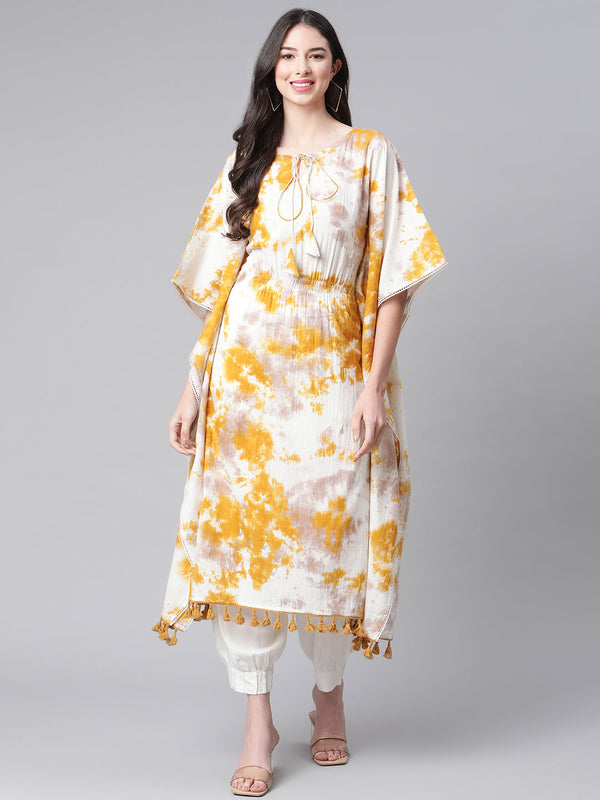 Indibelle Cotton Mustard Tie Dye Print Kaftan Kurta