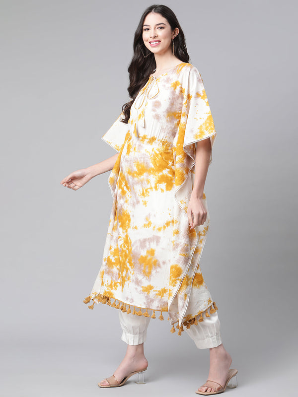 Indibelle Cotton Mustard Tie Dye Print Kaftan Kurta