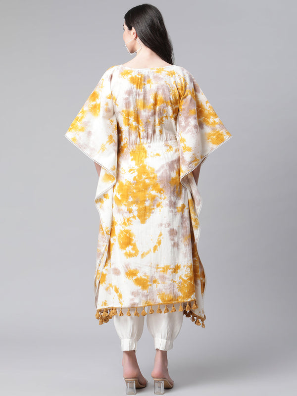 Indibelle Cotton Mustard Tie Dye Print Kaftan Kurta