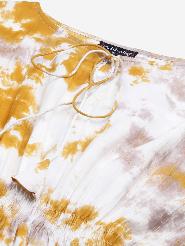 Indibelle Cotton Mustard Tie Dye Print Kaftan Kurta