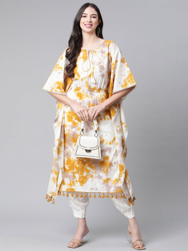 Indibelle Cotton Mustard Tie Dye Print Kaftan Kurta