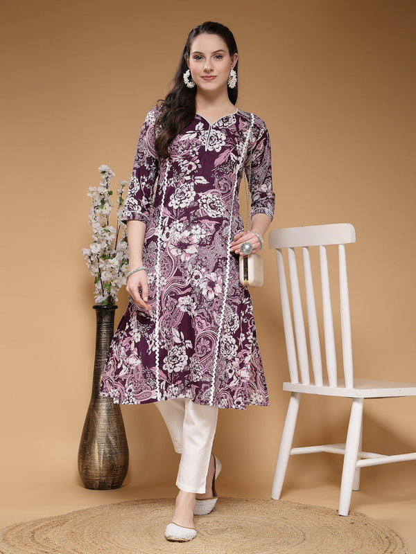 Indibelle Cotton Purple Floral print Straight Kurta 