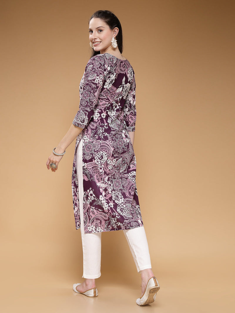 Indibelle Cotton Purple Floral print Straight Kurta 