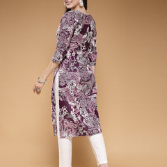 Indibelle Cotton Purple Floral print Straight Kurta 