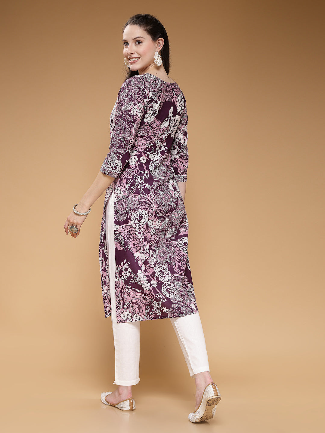 Indibelle Cotton Purple Floral print Straight Kurta Set