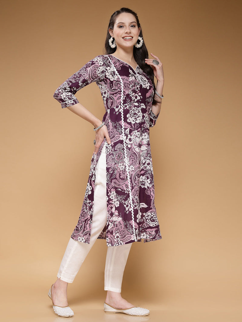 Indibelle Cotton Purple Floral print Straight Kurta 