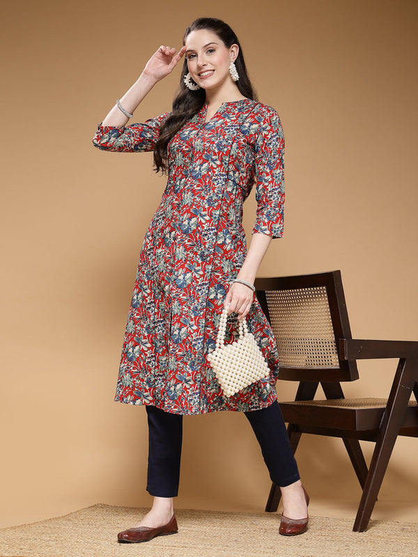 Indibelle Cotton Maroon Floral Print A-Line Kurta Set