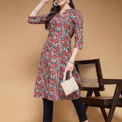 Indibelle Cotton Maroon Floral Print A-Line Kurta 