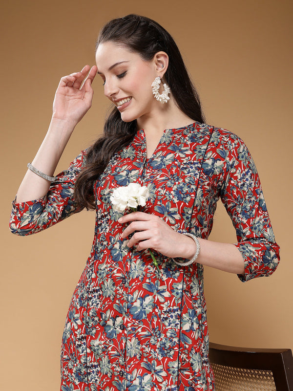 Indibelle Cotton Maroon Floral Print A-Line Kurta Set