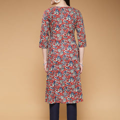 Indibelle Cotton Maroon Floral Print A-Line Kurta 