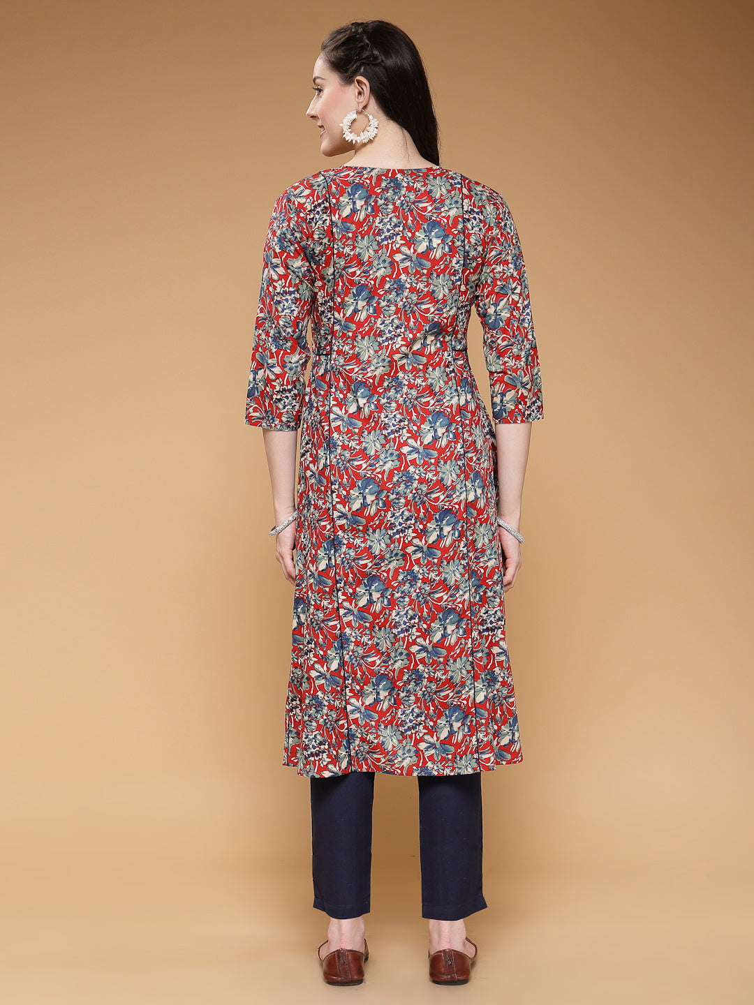 Indibelle Cotton Maroon Floral Print A-Line Kurta 