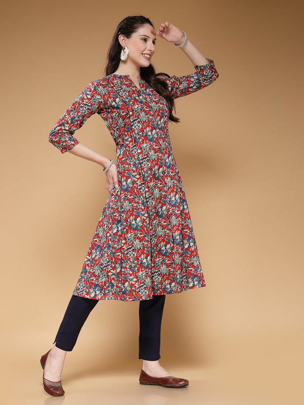 Indibelle Cotton Maroon Floral Print A-Line Kurta Set