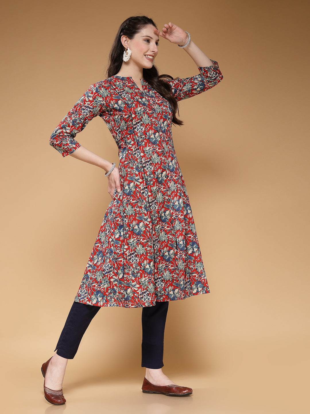 Indibelle Cotton Maroon Floral Print A-Line Kurta 