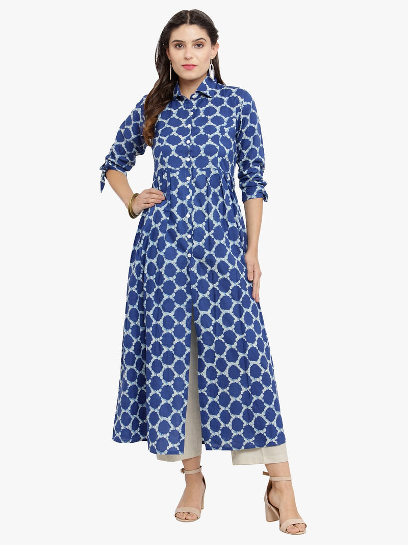 Indibelle Cotton Printed Long Cape (Blue)