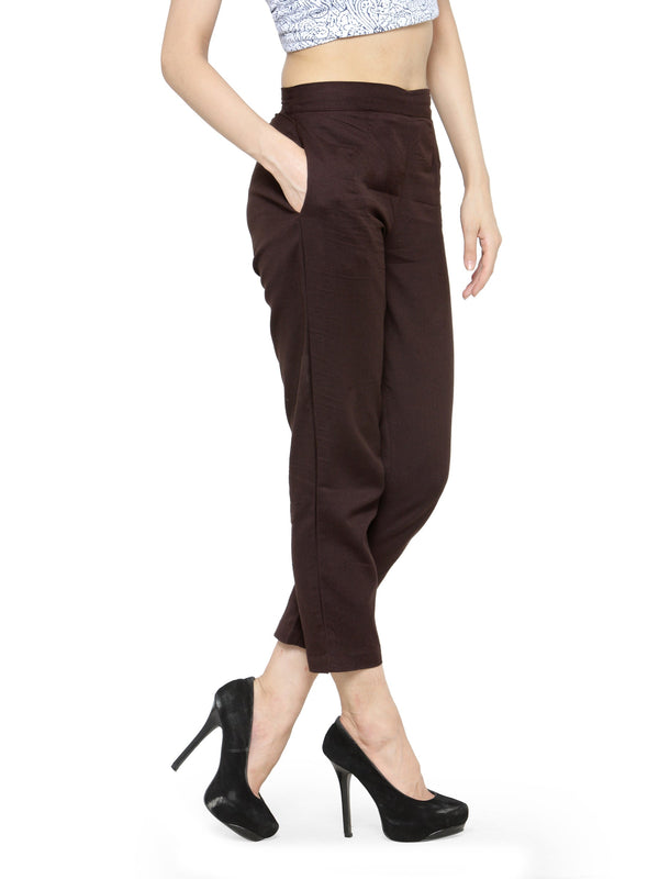 Indibelle Cotton Solid Brown Trousers