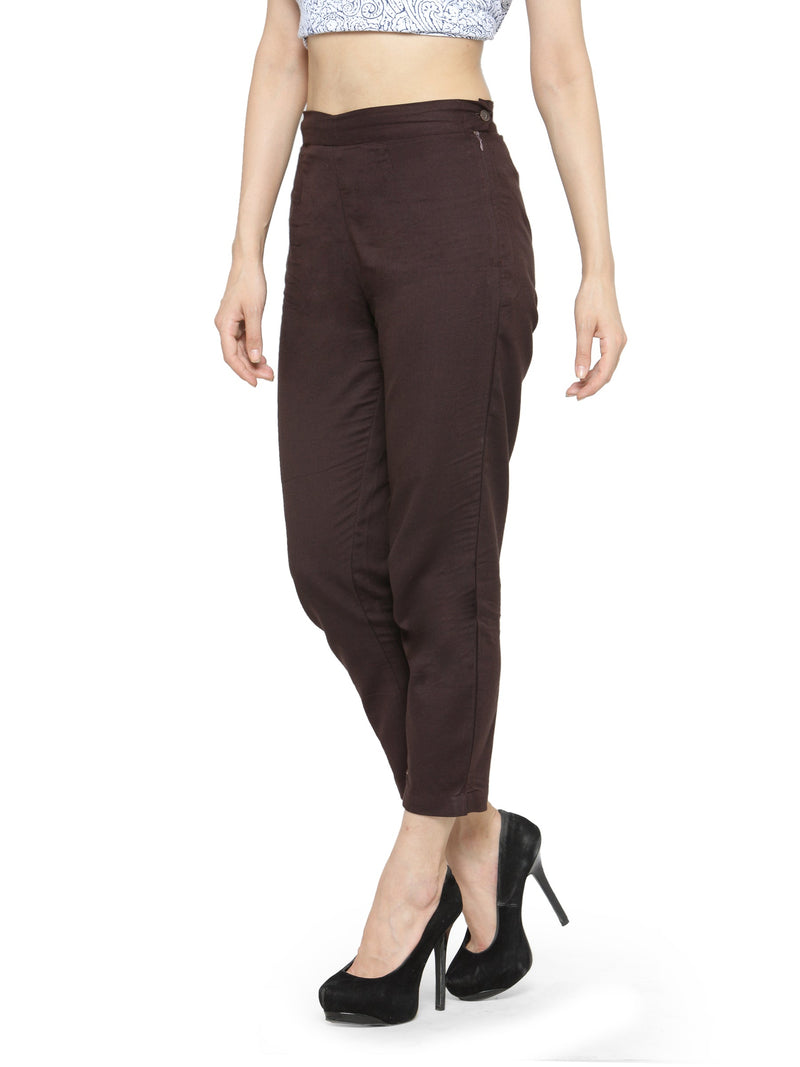 Indibelle Cotton Solid Brown Trousers
