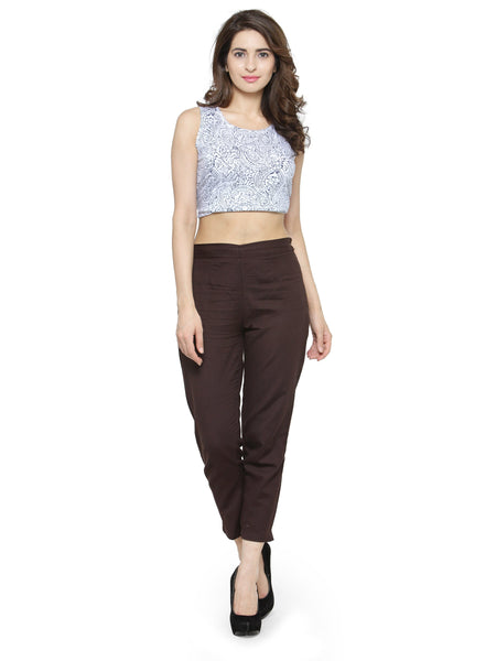 Indibelle Cotton Solid Brown Trousers