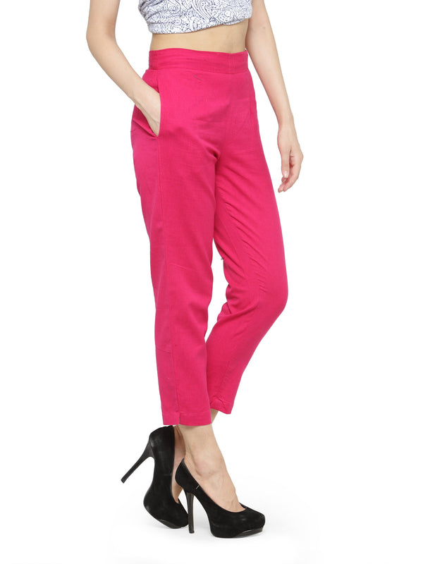 Indibelle Cotton Solid Pink Trousers