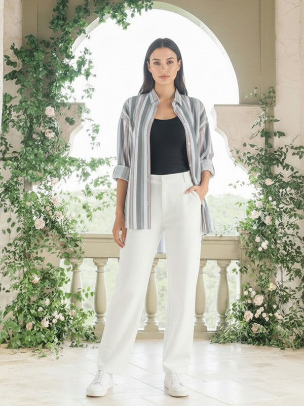 olive Stripe Printed High-Low Shirt  