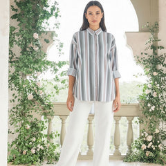 olive Stripe Printed High-Low Shirt Front