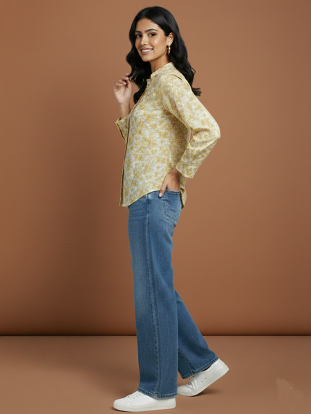  Mustard Marble Printed High-Low  Shirt Side