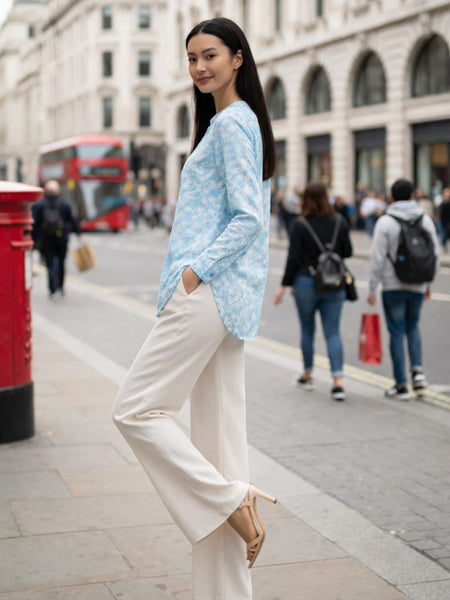 Indibelle Sky Blue Marble Printed High-Low Shirt