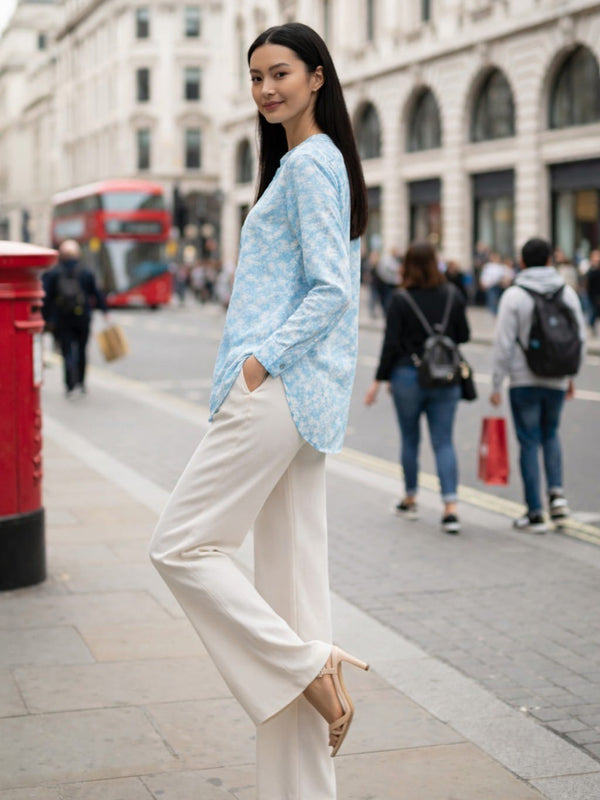 Indibelle Sky Blue Marble Printed High-Low Shirt