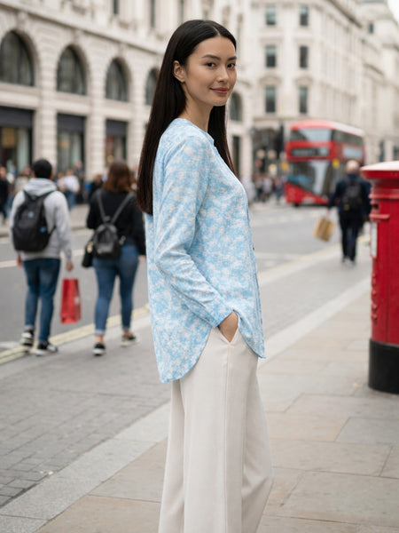 Indibelle Sky Blue Marble Printed High-Low Shirt
