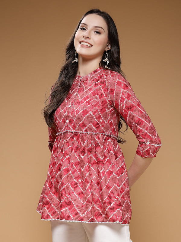 Indibelle Cotton Magenta Abstract Print Peplum Top