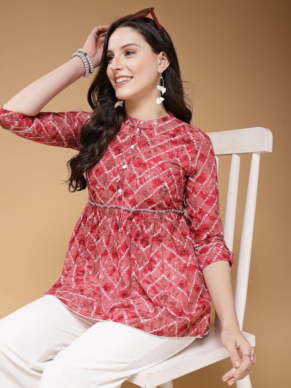 Indibelle Cotton Magenta Abstract Print Peplum Top