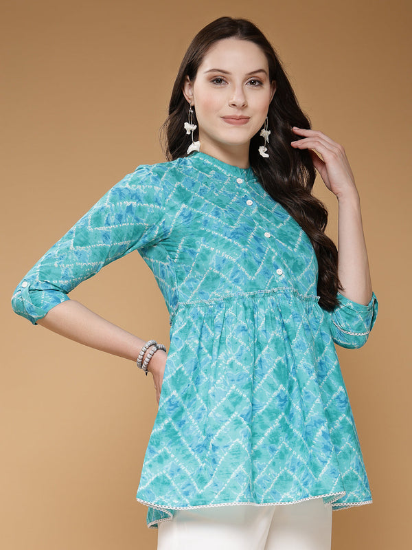 Indibelle Cotton Teal Abstract Print Peplum Top