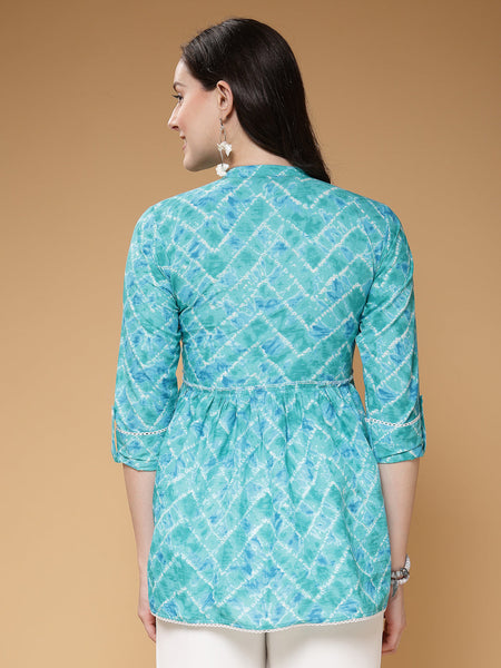Indibelle Cotton Teal Abstract Print Peplum Top