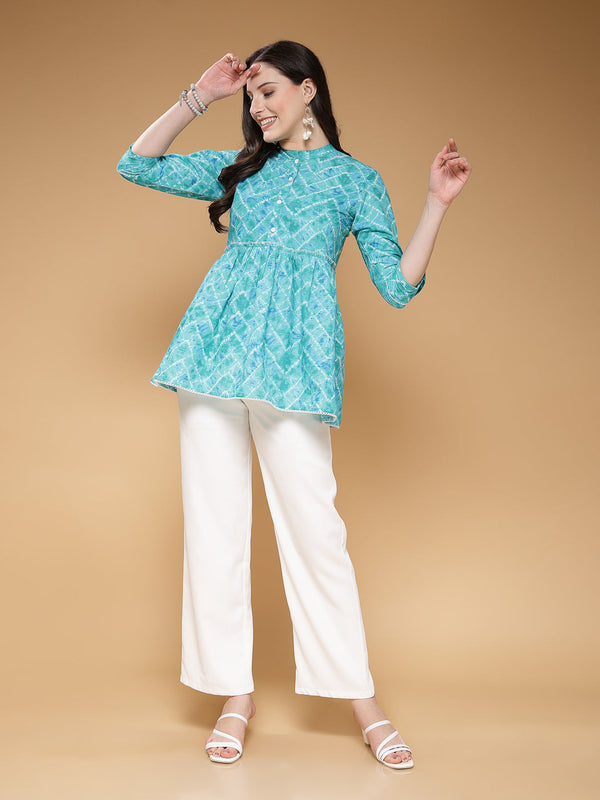 Indibelle Cotton Teal Abstract Print Peplum Top