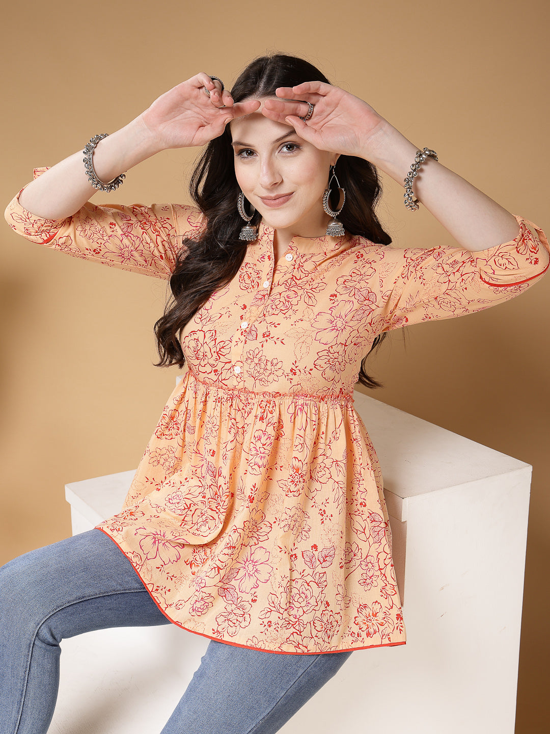 Indibelle Cotton Peach Floral Print Peplum Top