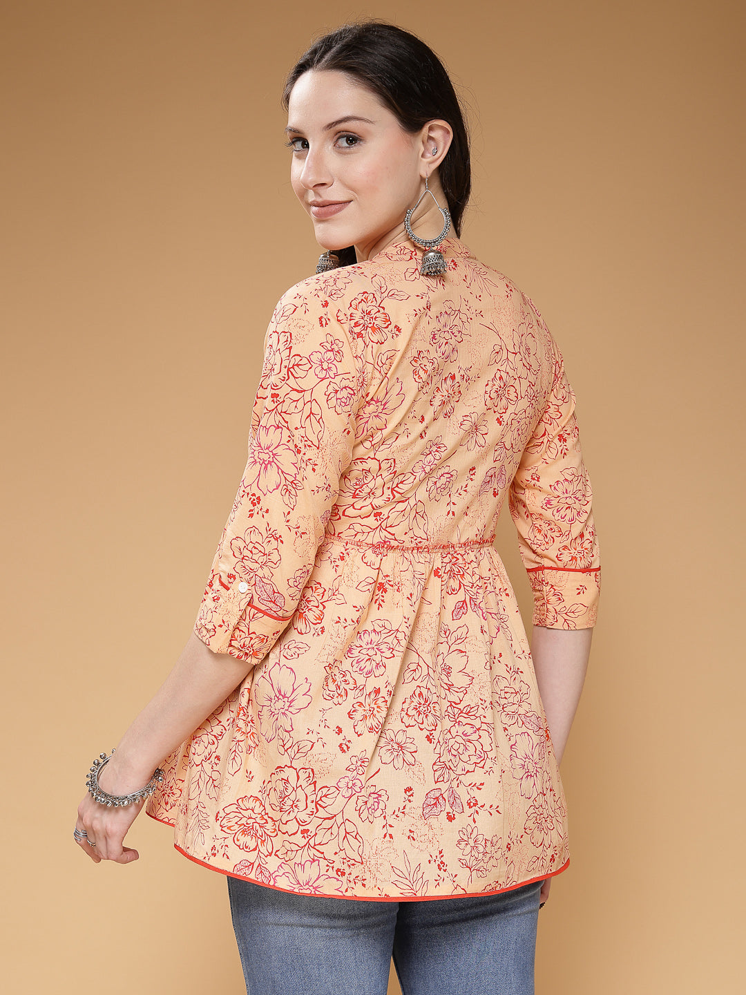 Indibelle Cotton Peach Floral Print Peplum Top